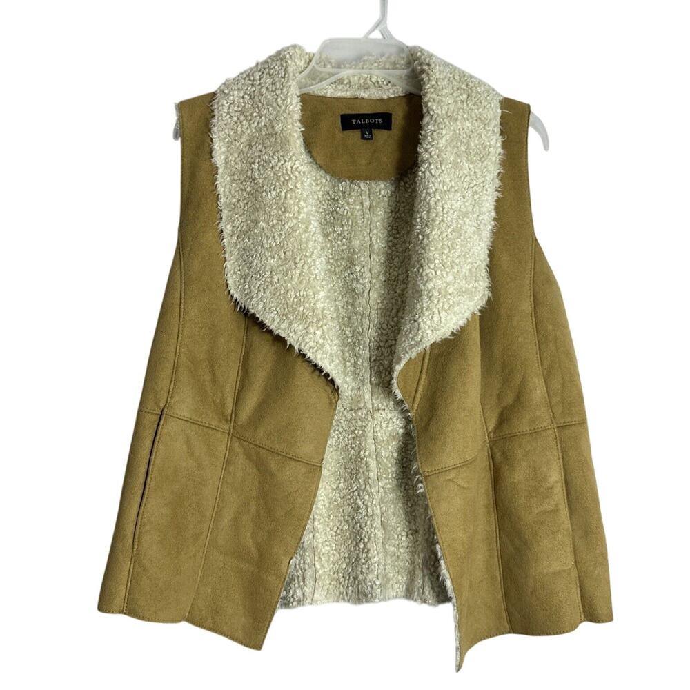 Talbots Faux Suede Vest Women's Large Shearling Open Front Sherpa Pockets